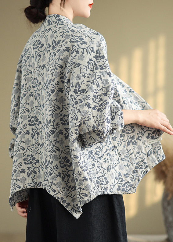 Loose Blue Stand Collar Print Button Cotton Coat Fall QG045 OM-CTS241016