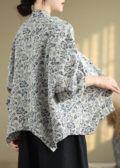 Loose Blue Stand Collar Print Button Cotton Coat Fall QG045 OM-CTS241016