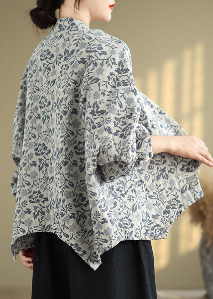 Loose Blue Stand Collar Print Button Cotton Coat Fall QG045 OM-CTS241016