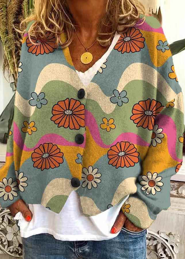 Loose Neck Spring Print V Button Knit Cardigan Blue FashionChic