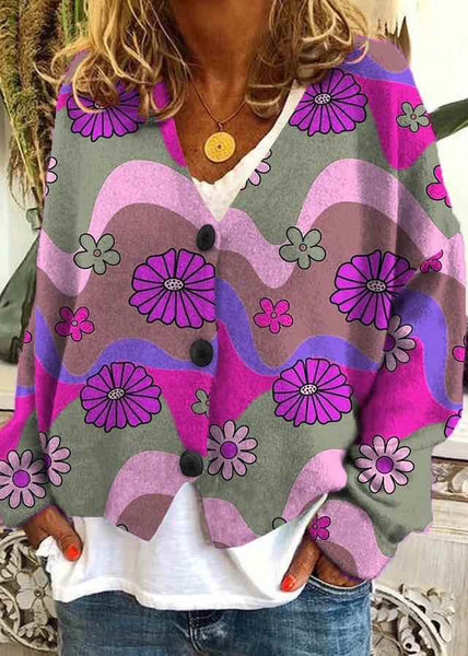 Loose Neck Spring Print V Button Knit Cardigan Blue FashionChic