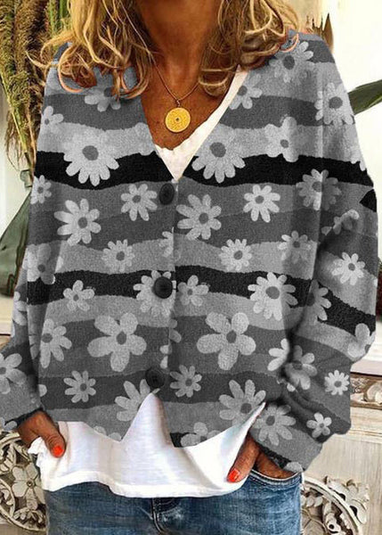 Loose Neck Spring Print V Button Knit Cardigan Blue FashionChic