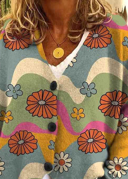 Loose Neck Spring Print V Button Knit Cardigan Blue FashionChic