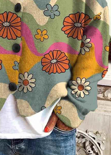 Loose Neck Spring Print V Button Knit Cardigan Blue FashionChic