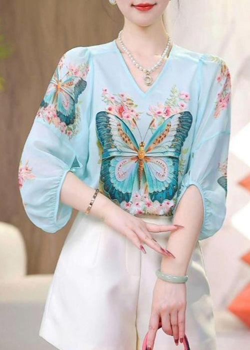 Sleeve V Shirt Print Blue Neck Loose Chiffon Bracelet FashionChic