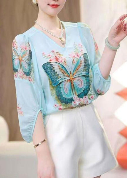 Sleeve V Shirt Print Blue Neck Loose Chiffon Bracelet FashionChic