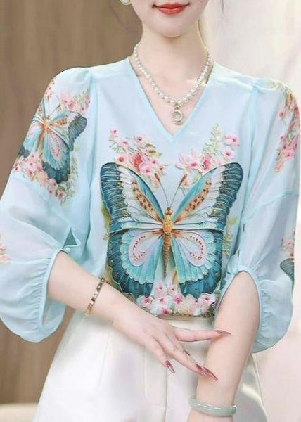 Sleeve V Shirt Print Blue Neck Loose Chiffon Bracelet FashionChic
