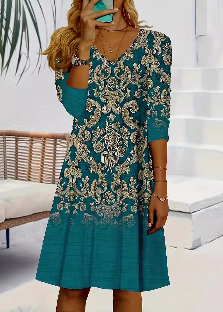 Loose Blue V Neck Print Cotton Mid Dress Long Sleeve AA1037 Ada Fashion