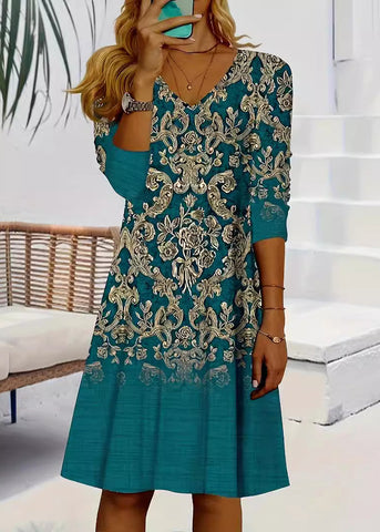 Loose Blue V Neck Print Cotton Mid Dress Long Sleeve AA1037 Ada Fashion