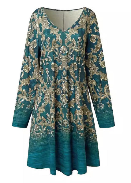 Loose Blue V Neck Print Cotton Mid Dress Long Sleeve AA1037 Ada Fashion