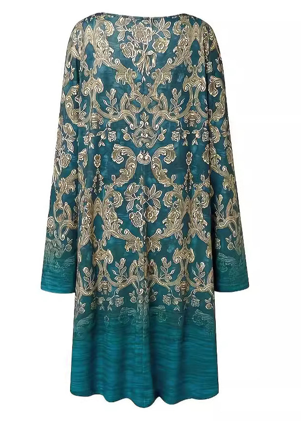 Loose Blue V Neck Print Cotton Mid Dress Long Sleeve AA1037 Ada Fashion