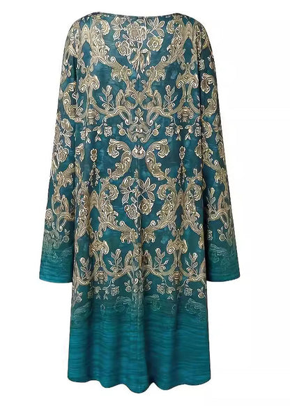 Loose Blue V Neck Print Cotton Mid Dress Long Sleeve AA1037 Ada Fashion