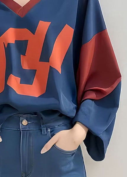 Loose Blue V Neck Print Patchwork Cotton Top Fall WM003 ABC