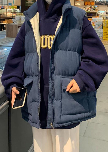 Loose Blue Zip Up Pockets Cotton Filled Mens Waistcoat Sleeveless EQ036 ABC