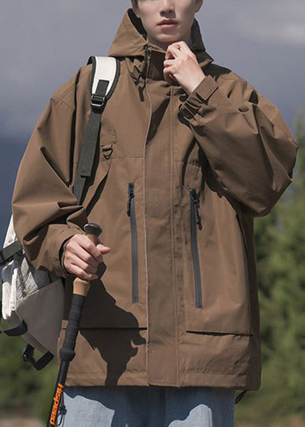 Spring Pockets Cotton Loose Coat Men Hooded Zippered Brown FashionChic