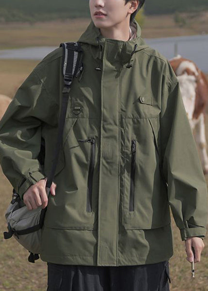 Spring Pockets Cotton Loose Coat Men Hooded Zippered Brown FashionChic