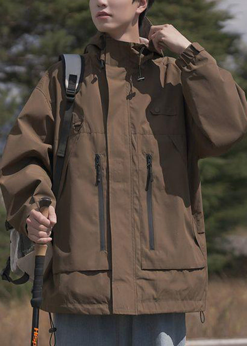 Spring Pockets Cotton Loose Coat Men Hooded Zippered Brown FashionChic