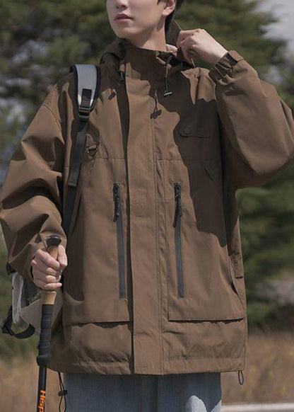 Spring Pockets Cotton Loose Coat Men Hooded Zippered Brown FashionChic
