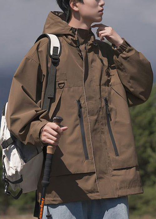 Spring Pockets Cotton Loose Coat Men Hooded Zippered Brown FashionChic