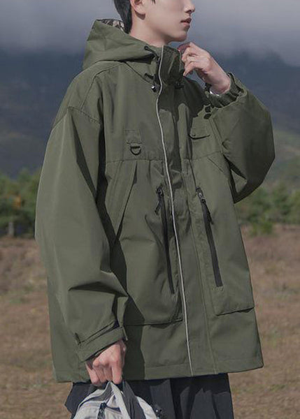 Spring Pockets Cotton Loose Coat Men Hooded Zippered Brown FashionChic