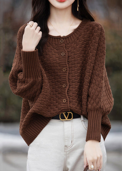 Loose Brown O Neck Button Cotton Knit Sweater Spring TF021
