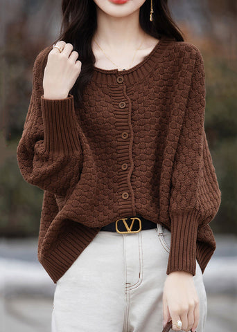 Loose Brown O Neck Button Cotton Knit Sweater Spring TF021
