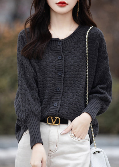 Loose Brown O Neck Button Cotton Knit Sweater Spring TF021