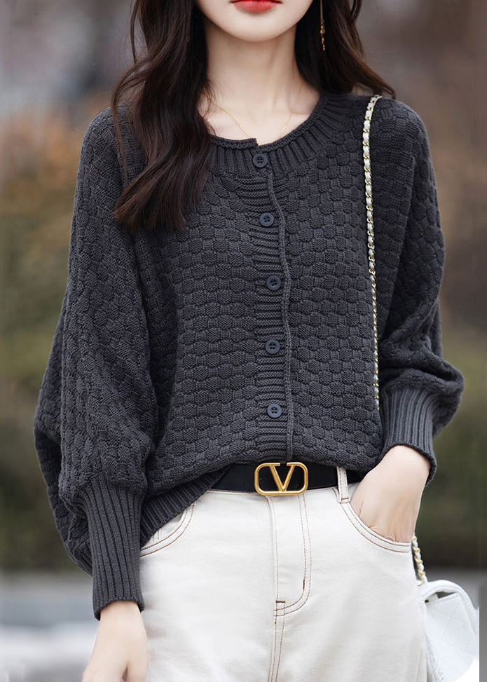 Loose Brown O Neck Button Cotton Knit Sweater Spring TF021