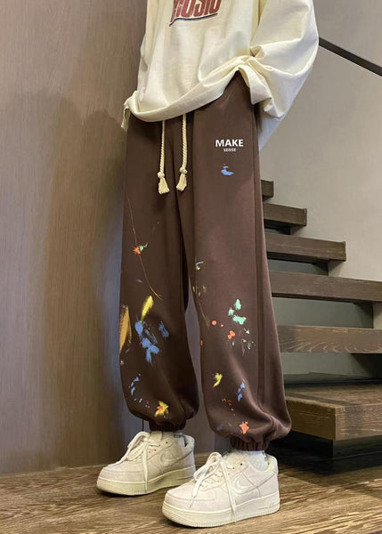 Loose Brown Pockets Elastic Waist Warm Fleece Men Pants Winter WA064 MENP241110