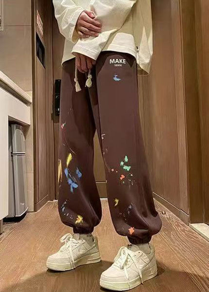 Loose Brown Pockets Elastic Waist Warm Fleece Men Pants Winter WA064 MENP241110