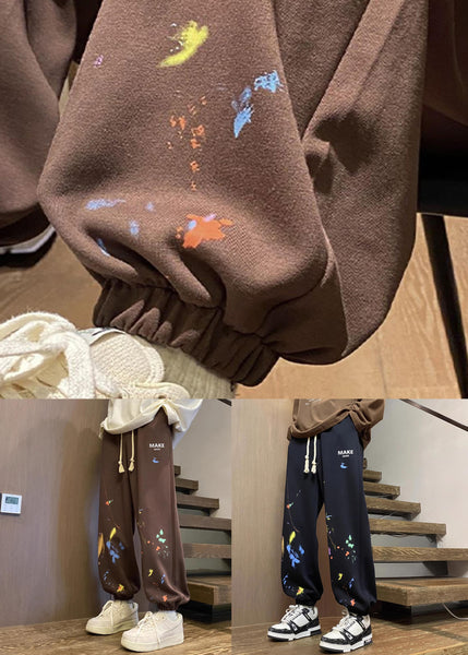 Loose Brown Pockets Elastic Waist Warm Fleece Men Pants Winter WA064 MENP241110