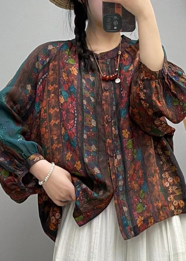 Loose Brown Print Button Linen Shirt Long Sleeve VV055 HS-LTP240627