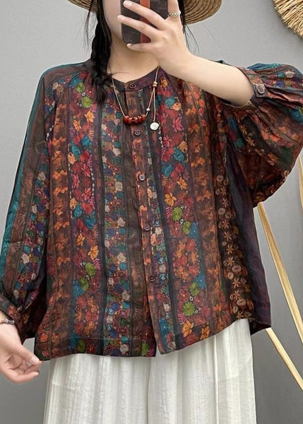 Loose Brown Print Button Linen Shirt Long Sleeve VV055 HS-LTP240627