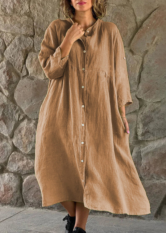 Loose Brown Stand Collar Button Cotton Blouses Dress Long Sleeve FF033 MZF-FDL240607