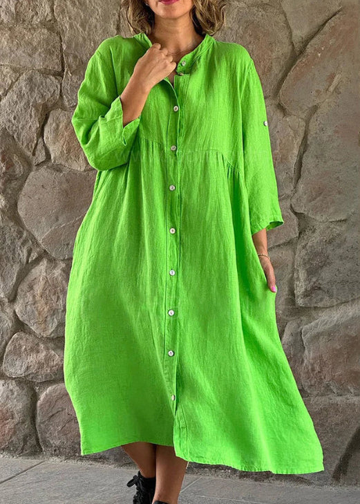 Loose Brown Stand Collar Button Cotton Blouses Dress Long Sleeve FF033 MZF-FDL240607