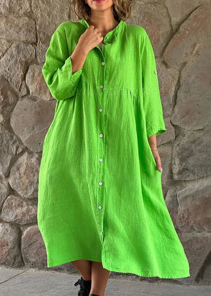 Loose Brown Stand Collar Button Cotton Blouses Dress Long Sleeve FF033 MZF-FDL240607