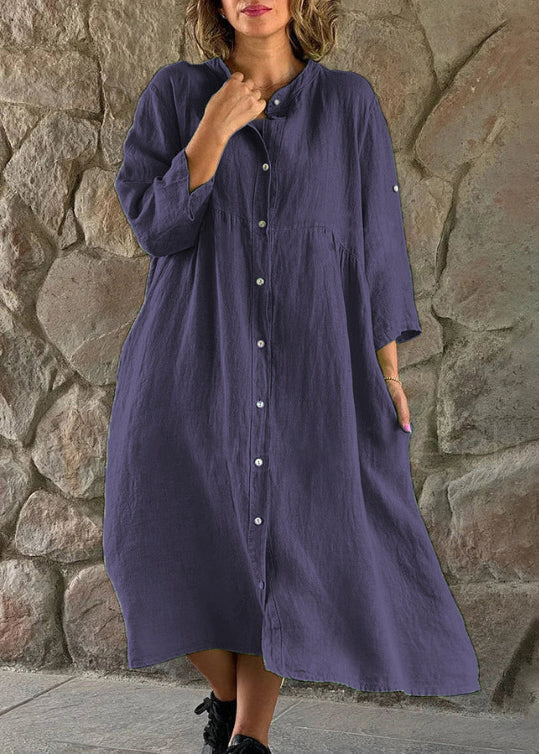 Loose Brown Stand Collar Button Cotton Blouses Dress Long Sleeve FF033 MZF-FDL240607