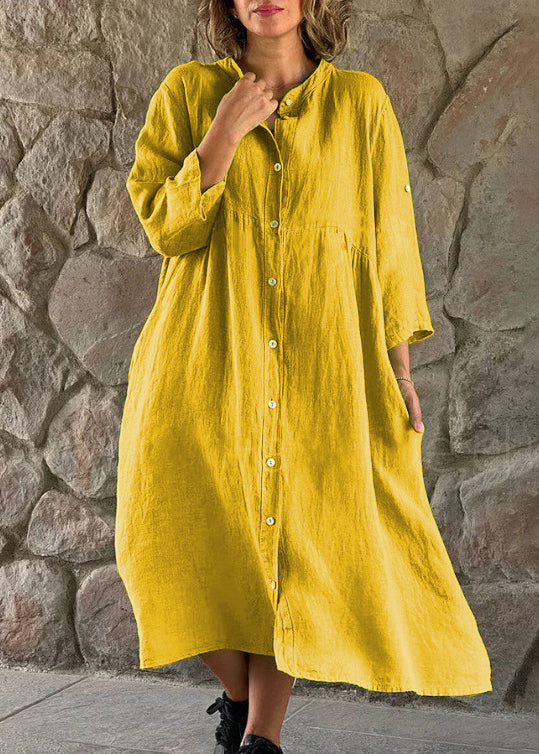 Loose Brown Stand Collar Button Cotton Blouses Dress Long Sleeve FF033 MZF-FDL240607