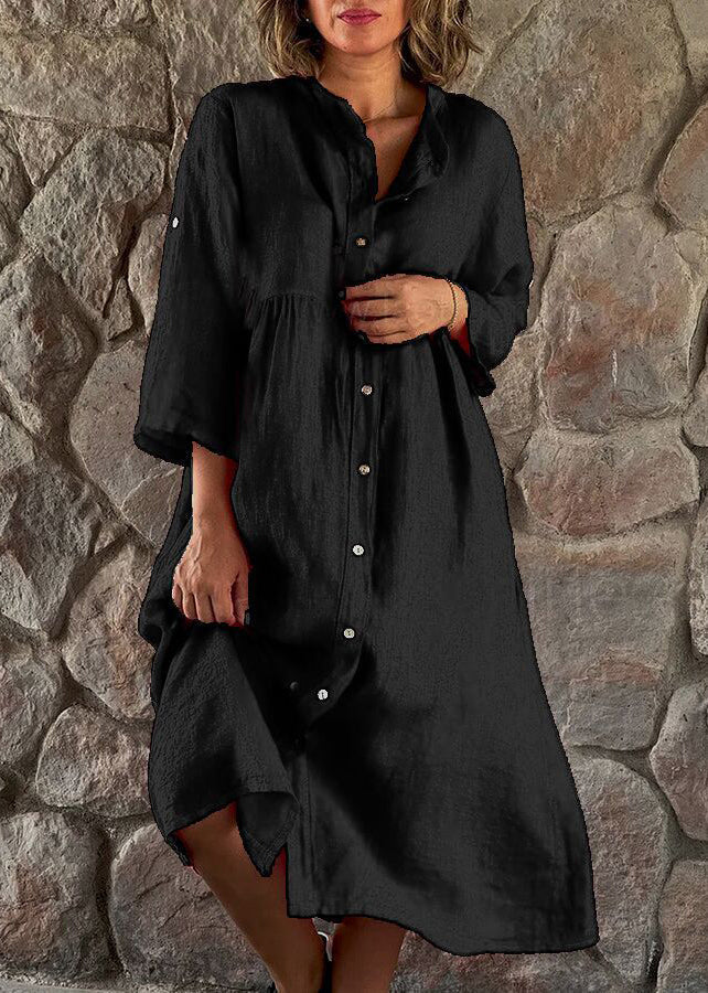 Loose Brown Stand Collar Button Cotton Blouses Dress Long Sleeve FF033 MZF-FDL240607