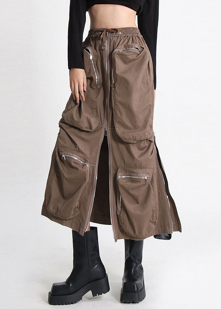 Cotton Waist Skirt Pockets Brown Loose Zippered Elastic Summer FashionChic