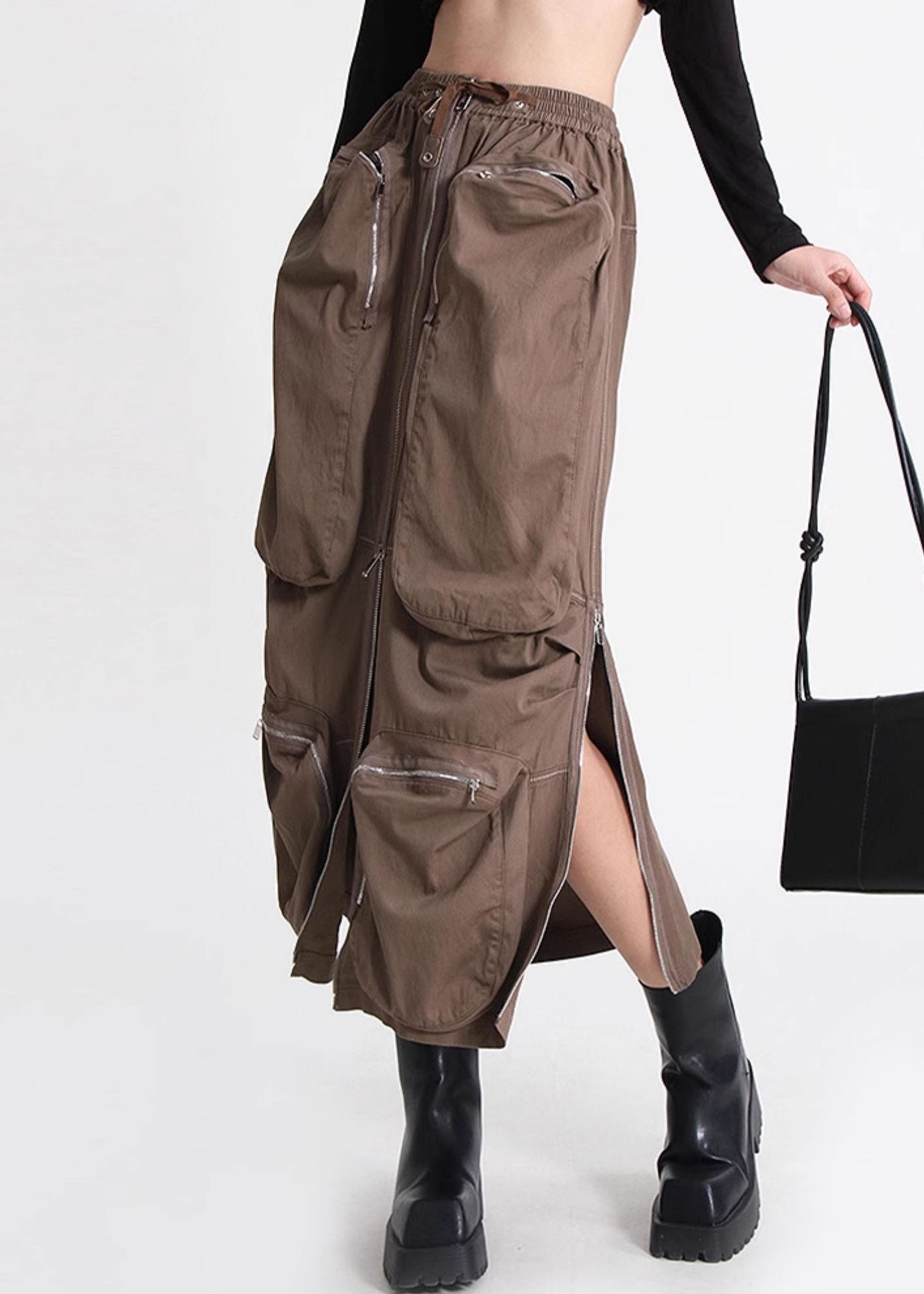 Cotton Waist Skirt Pockets Brown Loose Zippered Elastic Summer FashionChic