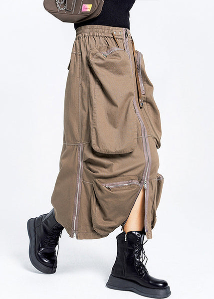 Cotton Waist Skirt Pockets Brown Loose Zippered Elastic Summer FashionChic