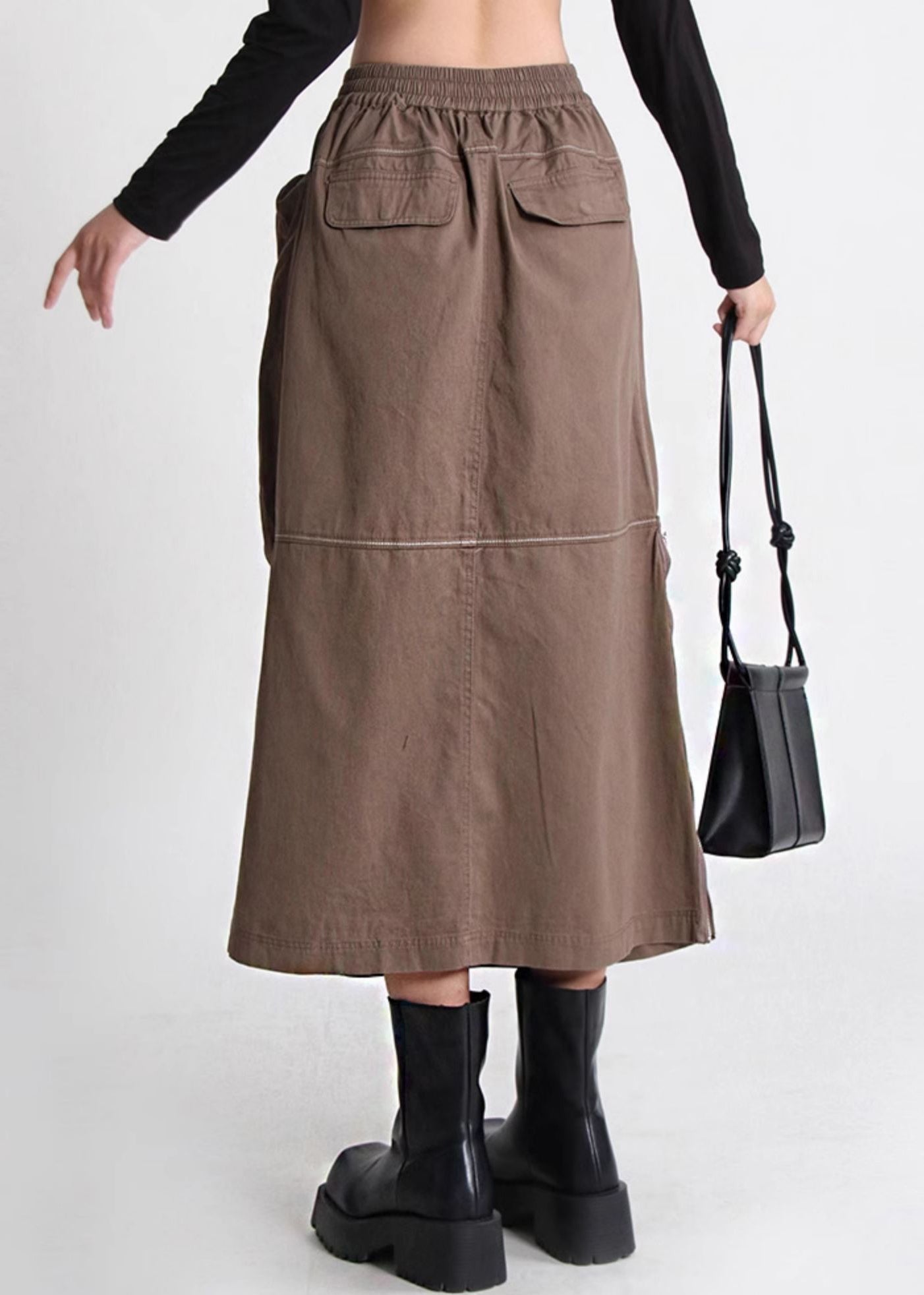 Cotton Waist Skirt Pockets Brown Loose Zippered Elastic Summer FashionChic
