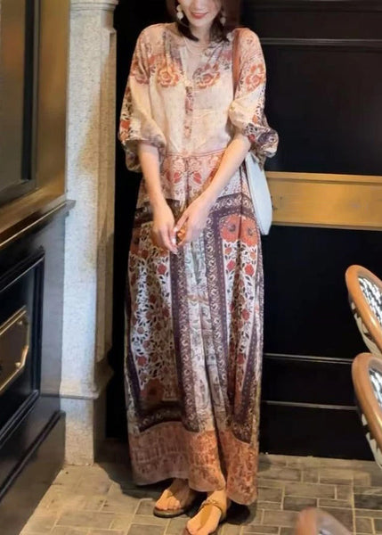 Dress Button Pockets Cotton Long Half Loose Sleeve Print FashionChic