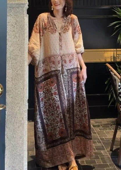 Dress Button Pockets Cotton Long Half Loose Sleeve Print FashionChic
