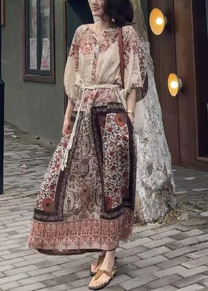 Dress Button Pockets Cotton Long Half Loose Sleeve Print FashionChic