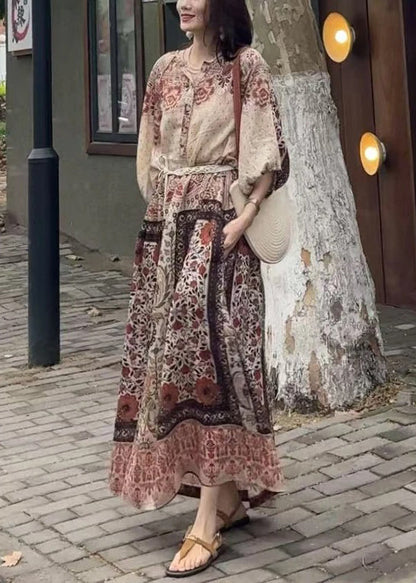 Dress Button Pockets Cotton Long Half Loose Sleeve Print FashionChic