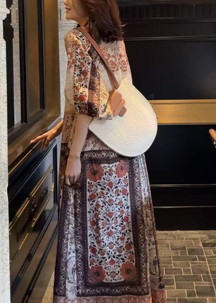 Dress Button Pockets Cotton Long Half Loose Sleeve Print FashionChic