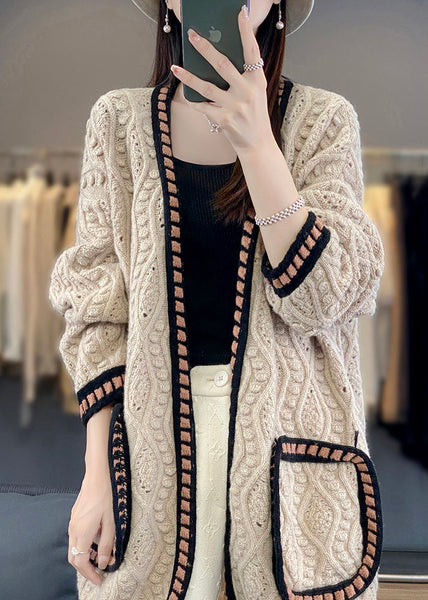 Loose Camel Hollow Out Patchwork Cotton Knit Cardigan Fall AB1027 Genistyle Shop