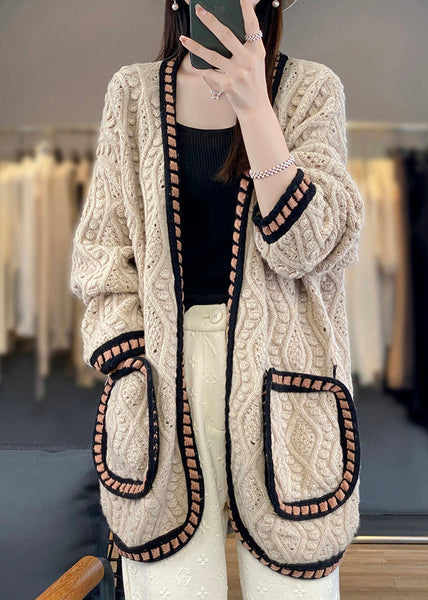 Loose Camel Hollow Out Patchwork Cotton Knit Cardigan Fall AB1027 Genistyle Shop